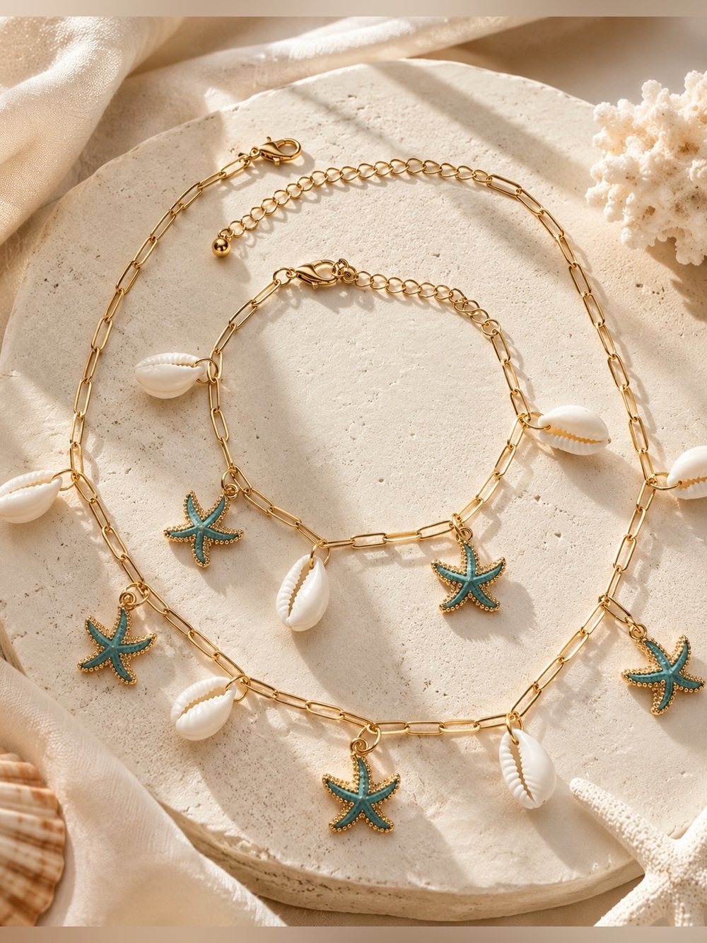 Starfish & Shell Charm Necklace and Bracelet Set - White & Teal